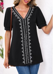 Tribal Print Embroidery Black V Neck Blouse
