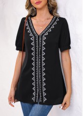 Tribal Print Embroidery Black V Neck Blouse