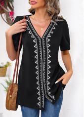 Tribal Print Embroidery Black V Neck Blouse