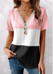 Plus Size Pink Patchwork Short Sleeve T Shirt