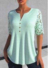 Patchwork Light Green Half Sleeve Split Neck Blouse