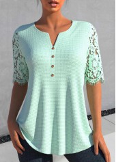 Patchwork Light Green Half Sleeve Split Neck Blouse