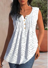 Tuck Stitch Split Neck White Tank Top