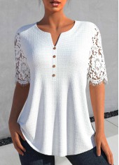 Patchwork White Half Sleeve Split Neck Blouse