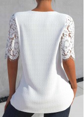 Patchwork White Half Sleeve Split Neck Blouse