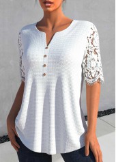 Patchwork White Half Sleeve Split Neck Blouse