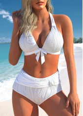 Halter Bowknot Jacquard White Bikini Set