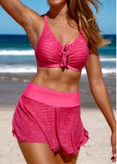 Metal Ring Drawstring Pink Bikini Set