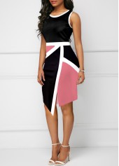 Geometric Print Split Pink Round Neck Bodycon Dress