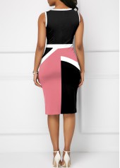 Geometric Print Split Pink Round Neck Bodycon Dress