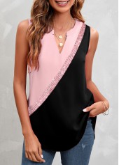 Patchwork Split Neck Pink Tank Top