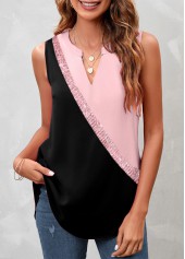 Patchwork Split Neck Pink Tank Top