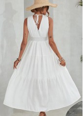 Smocked White V Neck Sleeveless Dress