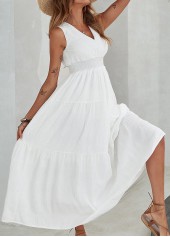 Smocked White V Neck Sleeveless Dress