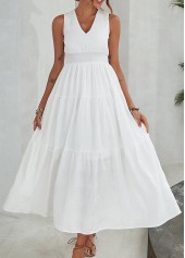 Smocked White V Neck Sleeveless Dress