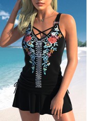Floral Print Criss Cross Black Tankini Set