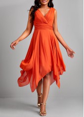 Sleeveless Handkerchief Hem Orange V Neck Dress