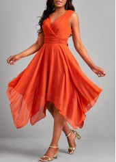 Sleeveless Handkerchief Hem Orange V Neck Dress