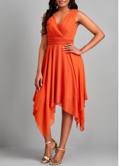 Sleeveless Handkerchief Hem Orange V Neck Dress