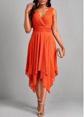 Sleeveless Handkerchief Hem Orange V Neck Dress