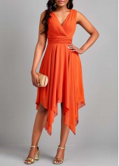 Sleeveless Handkerchief Hem Orange V Neck Dress
