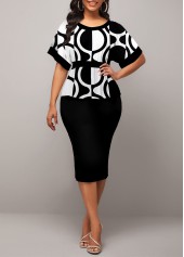 Geometric Print Patchwork Black Round Neck Dress