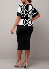 Geometric Print Patchwork Black Round Neck Dress