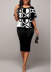 Geometric Print Patchwork Black Round Neck Dress