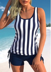 Wide Strap Striped Drawstring Navy Tankini Set