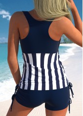 Wide Strap Striped Drawstring Navy Tankini Set