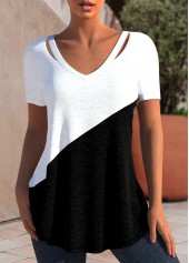 Black V Neck Short Sleeve Patchwork T Shirt