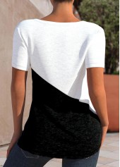 Black V Neck Short Sleeve Patchwork T Shirt