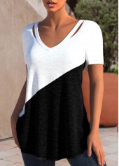 Black V Neck Short Sleeve Patchwork T Shirt