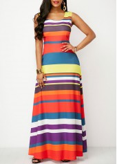 Striped Pocket Multi Color Square Neck Maxi Dress
