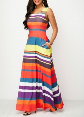 Striped Pocket Multi Color Square Neck Maxi Dress