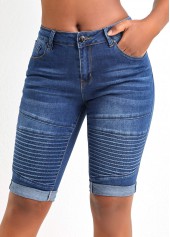 Skinny Dark Blue Pocket Zipper Fly Shorts