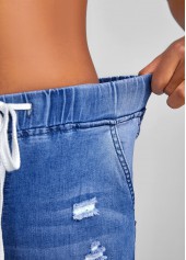 Hole Blue Skinny Elastic Waist Denim Shorts