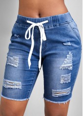 Hole Blue Skinny Elastic Waist Denim Shorts