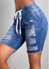 Hole Blue Skinny Elastic Waist Denim Shorts