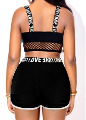 Letter Print Mesh Black Bikini Set