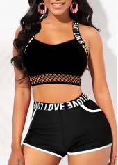 Letter Print Mesh Black Bikini Set