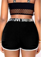 Letter Print Mesh Black Bikini Set