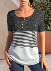 Striped Button Dark Grey Marl T Shirt