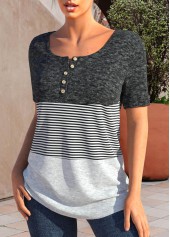 Striped Button Dark Grey Marl T Shirt