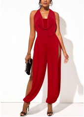 Wine Red Sleeveless Lightweigh Draped Neck Jumpsuit