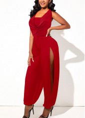 Wine Red Sleeveless Lightweigh Draped Neck Jumpsuit