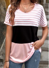 Striped Patchwork Pink Round Neck T Shirt