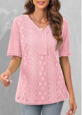 Lace Pink Short Sleeve V Neck Blouse