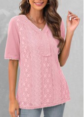 Lace Pink Short Sleeve V Neck Blouse