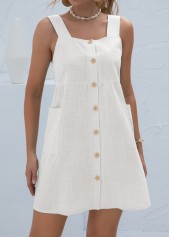 White Short A Line Square Neck Button Dress